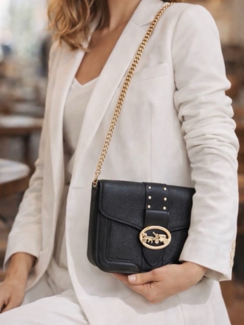 Coach Georgie Crossbody/Xbody Black Pebble/Leather Bag Purse With Rivets